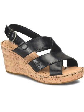 BORN Sami Cork Wedge Sandals Size 8 Black Leather NEW